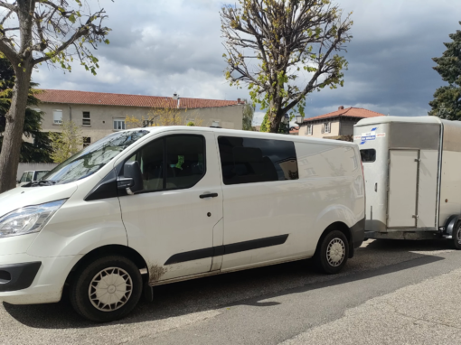 Véhicule utilitaire blanc Ford avec remorque attachée stationné sur une route.