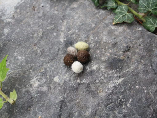 Cinq boules de feutre de différentes couleurs posées sur une pierre grise.